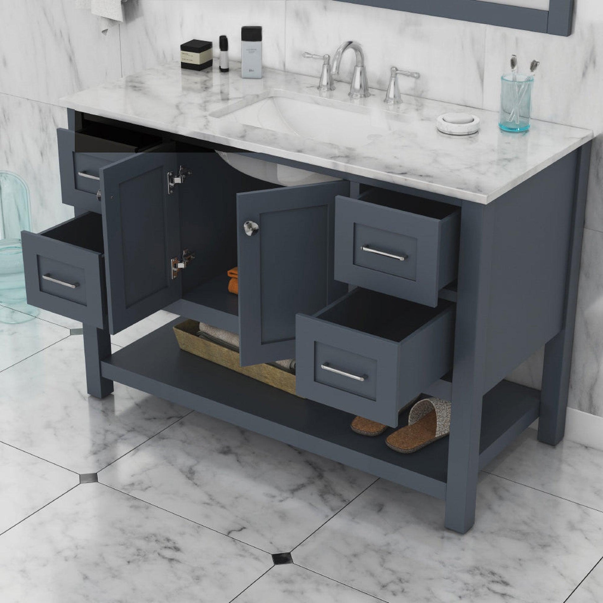 Alya Bath Wilmington 48" Single Gray Freestanding  Bathroom Vanity With Carrara Marble Top, Ceramic Sink and Wall Mounted Mirror - HE-102-48-G-CWMT+HE-101/102-42-G-M - Backyard Provider