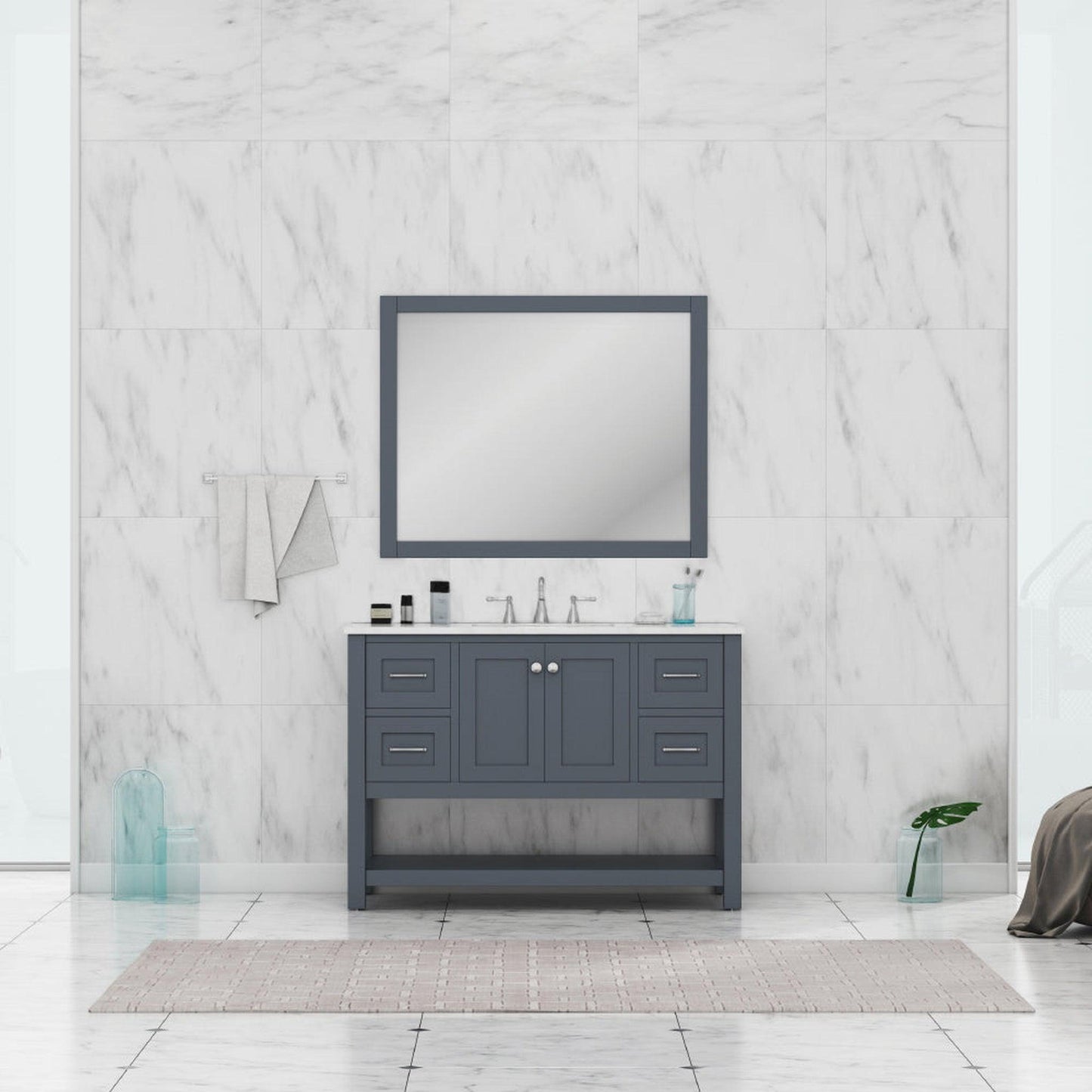 Alya Bath Wilmington 48" Single Gray Freestanding  Bathroom Vanity With Carrara Marble Top, Ceramic Sink and Wall Mounted Mirror - HE-102-48-G-CWMT+HE-101/102-42-G-M - Backyard Provider