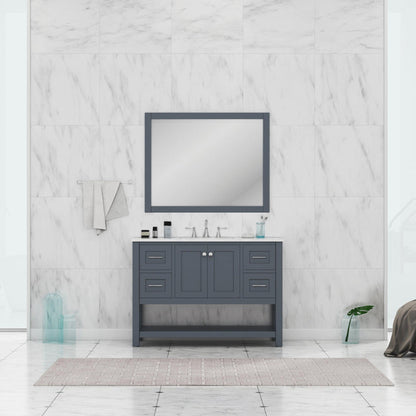 Alya Bath Wilmington 48" Single Gray Freestanding  Bathroom Vanity With Carrara Marble Top, Ceramic Sink and Wall Mounted Mirror - HE-102-48-G-CWMT+HE-101/102-42-G-M - Backyard Provider