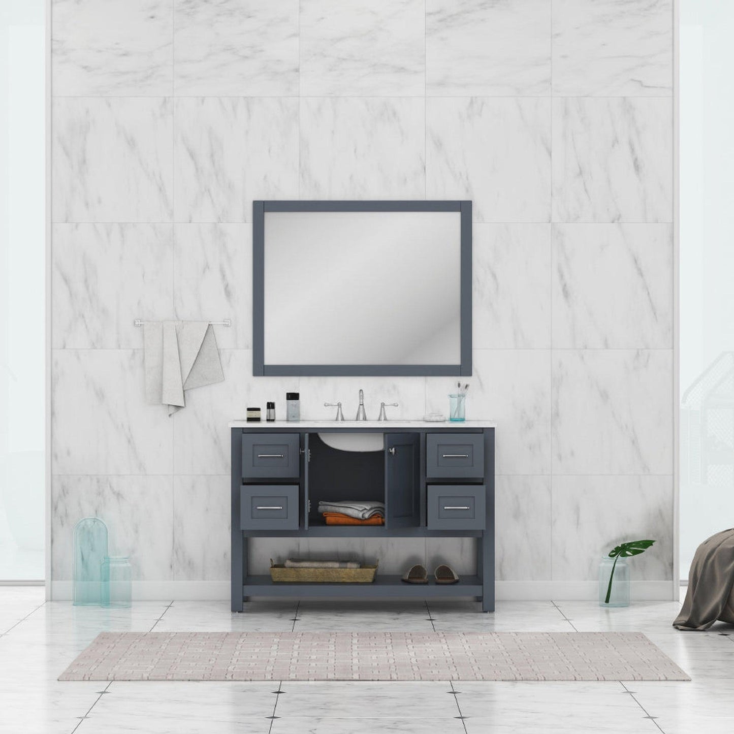 Alya Bath Wilmington 48" Single Gray Freestanding  Bathroom Vanity With Carrara Marble Top, Ceramic Sink and Wall Mounted Mirror - HE-102-48-G-CWMT+HE-101/102-42-G-M - Backyard Provider