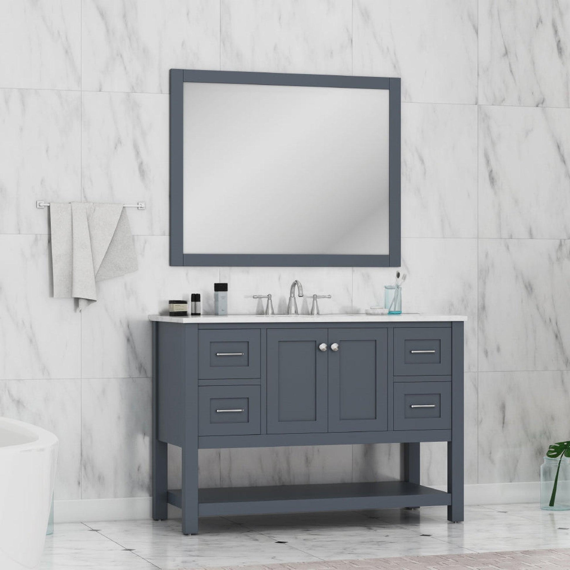 Alya Bath Wilmington 48" Single Gray Freestanding  Bathroom Vanity With Carrara Marble Top, Ceramic Sink and Wall Mounted Mirror - HE-102-48-G-CWMT+HE-101/102-42-G-M - Backyard Provider