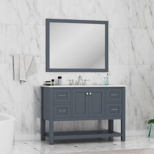 Alya Bath Wilmington 48" Single Gray Freestanding  Bathroom Vanity With Carrara Marble Top, Ceramic Sink and Wall Mounted Mirror - HE-102-48-G-CWMT+HE-101/102-42-G-M - Backyard Provider