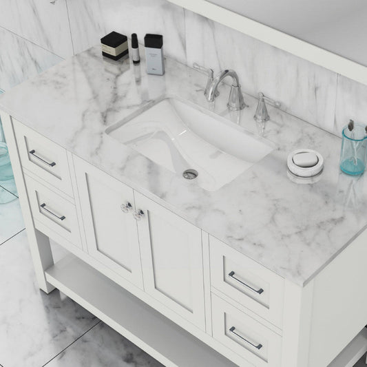 Alya Bath Wilmington 48" Single White Freestanding  Bathroom Vanity With Carrara Marble Top, Ceramic Sink and Wall Mounted Mirror - HE-102-48-W-CWMT+HE-101/102-42-W-M - Backyard Provider
