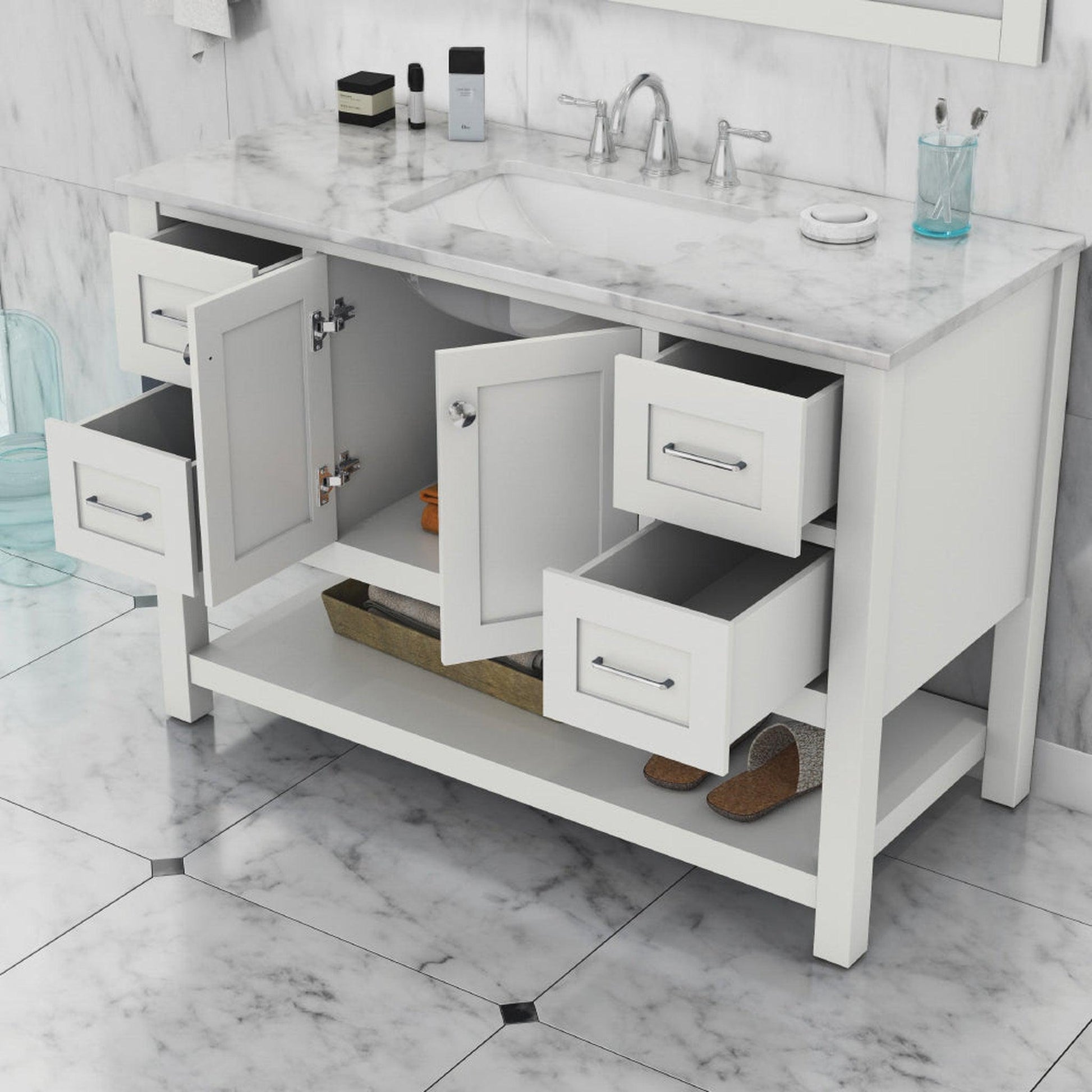 Alya Bath Wilmington 48" Single White Freestanding  Bathroom Vanity With Carrara Marble Top, Ceramic Sink and Wall Mounted Mirror - HE-102-48-W-CWMT+HE-101/102-42-W-M - Backyard Provider