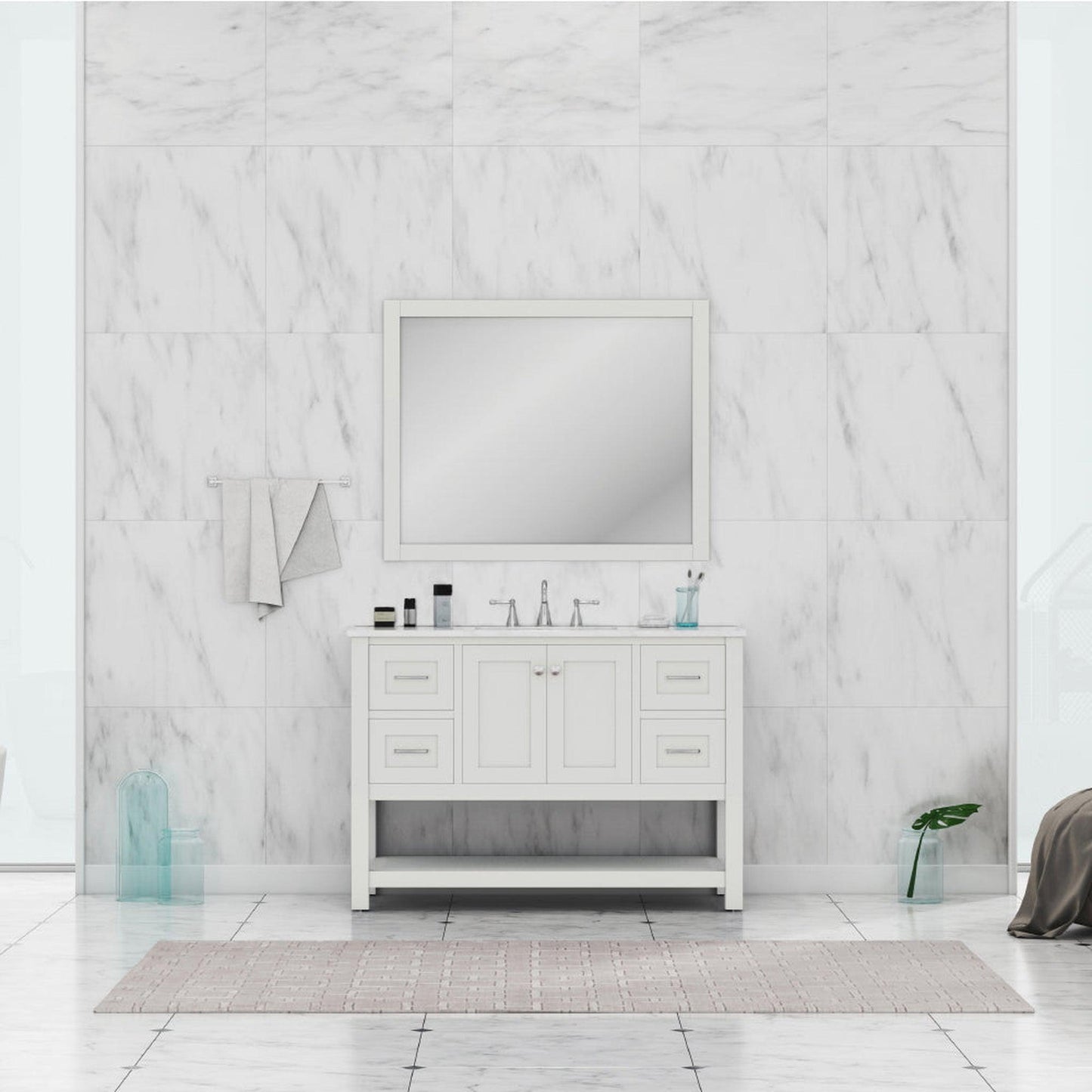 Alya Bath Wilmington 48" Single White Freestanding  Bathroom Vanity With Carrara Marble Top, Ceramic Sink and Wall Mounted Mirror - HE-102-48-W-CWMT+HE-101/102-42-W-M - Backyard Provider