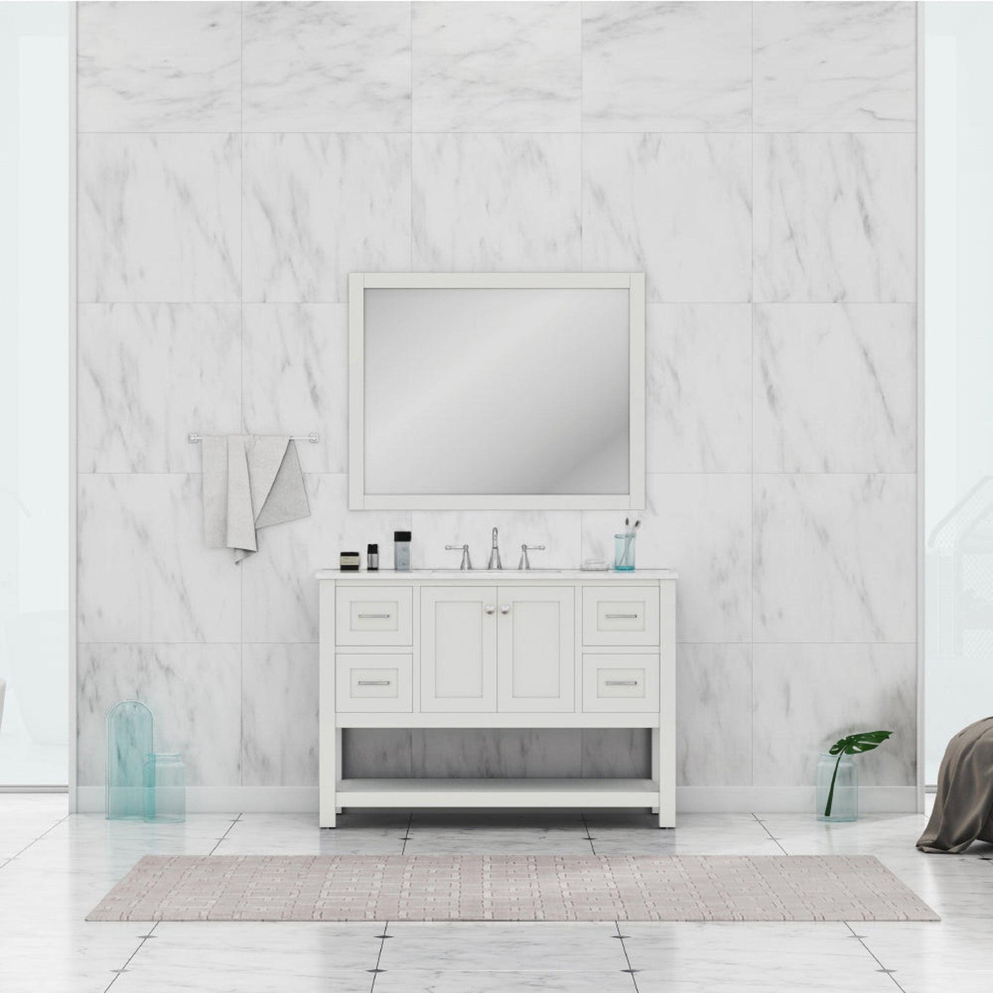 Alya Bath Wilmington 48" Single White Freestanding  Bathroom Vanity With Carrara Marble Top, Ceramic Sink and Wall Mounted Mirror - HE-102-48-W-CWMT+HE-101/102-42-W-M - Backyard Provider