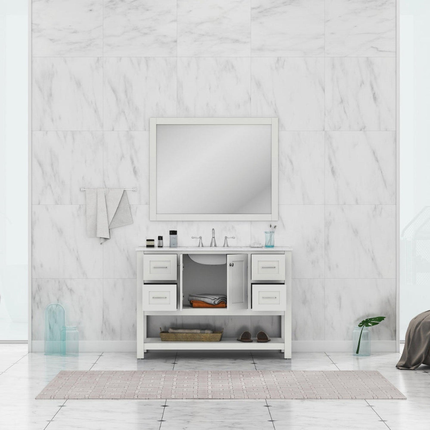 Alya Bath Wilmington 48" Single White Freestanding  Bathroom Vanity With Carrara Marble Top, Ceramic Sink and Wall Mounted Mirror - HE-102-48-W-CWMT+HE-101/102-42-W-M - Backyard Provider