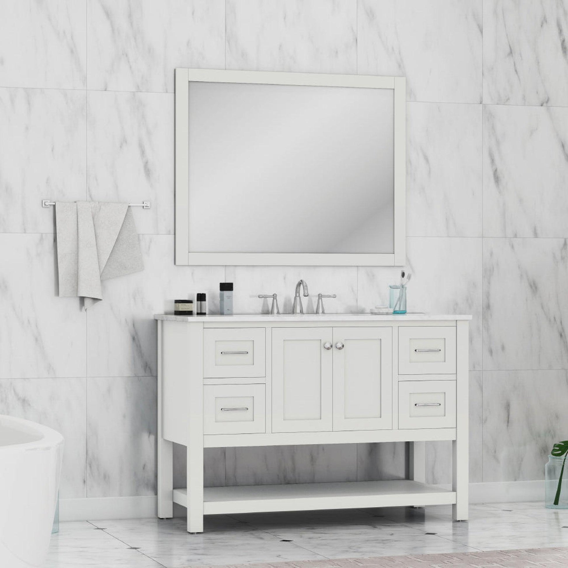 Alya Bath Wilmington 48" Single White Freestanding  Bathroom Vanity With Carrara Marble Top, Ceramic Sink and Wall Mounted Mirror - HE-102-48-W-CWMT+HE-101/102-42-W-M - Backyard Provider