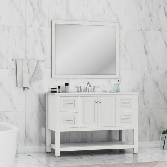 Alya Bath Wilmington 48" Single White Freestanding  Bathroom Vanity With Carrara Marble Top, Ceramic Sink and Wall Mounted Mirror - HE-102-48-W-CWMT+HE-101/102-42-W-M - Backyard Provider