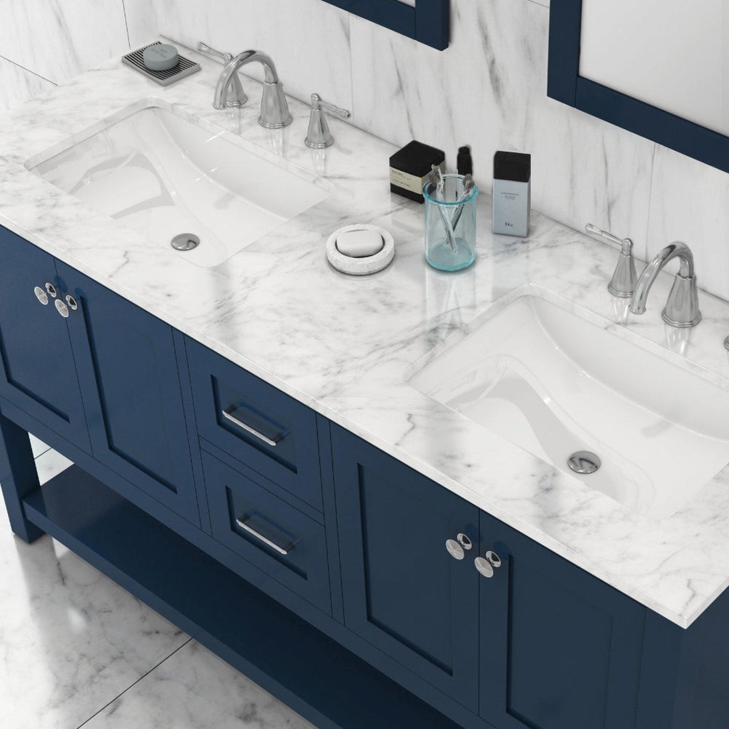 Alya Bath Wilmington 60" Double Blue Freestanding  Bathroom Vanity With Carrara Marble Top, Ceramic Sink and Wall Mounted Mirror - HE-102-60D-B-CWMT+2x HE-101/102-24-B-M - Backyard Provider