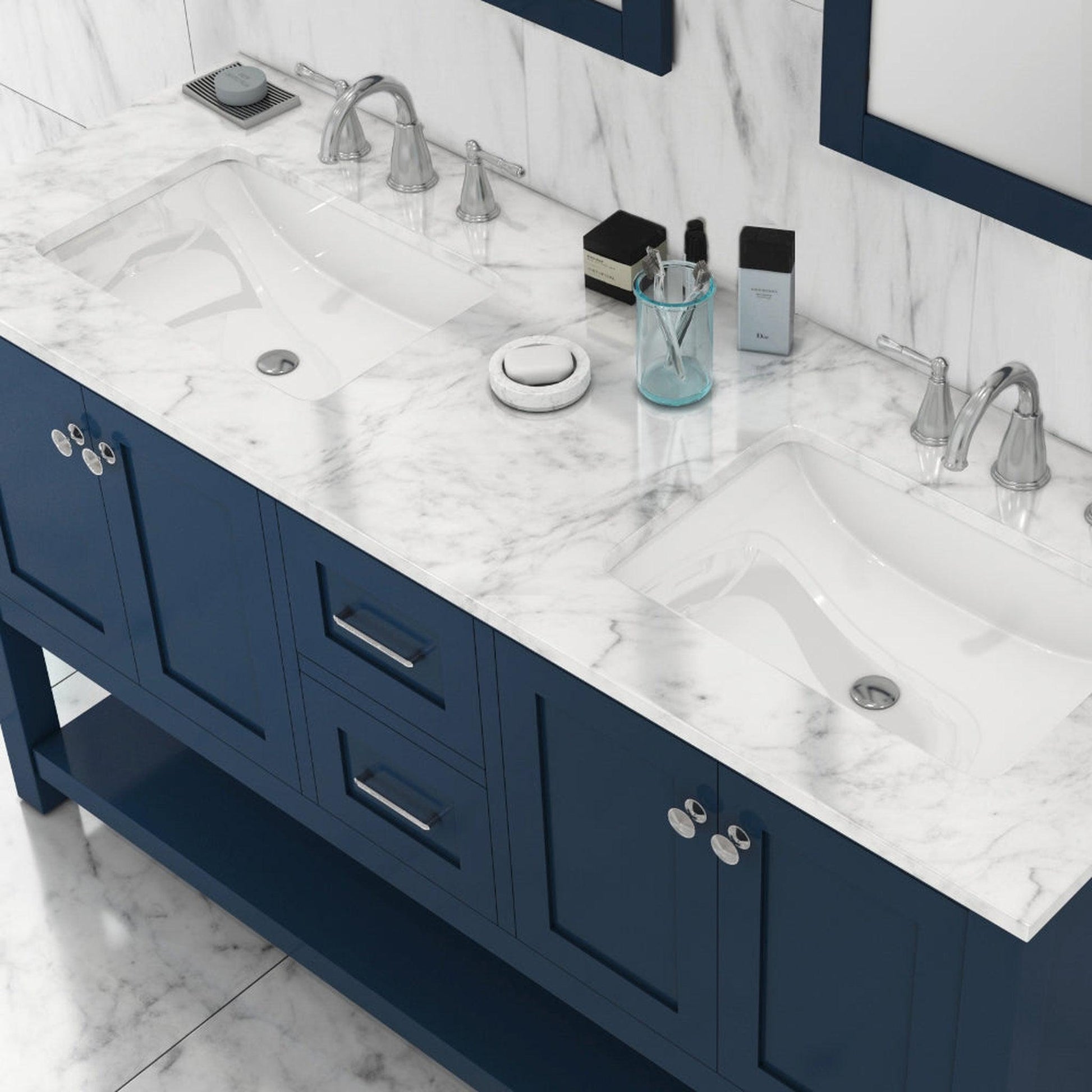 Alya Bath Wilmington 60" Double Blue Freestanding  Bathroom Vanity With Carrara Marble Top, Ceramic Sink and Wall Mounted Mirror - HE-102-60D-B-CWMT+2x HE-101/102-24-B-M - Backyard Provider