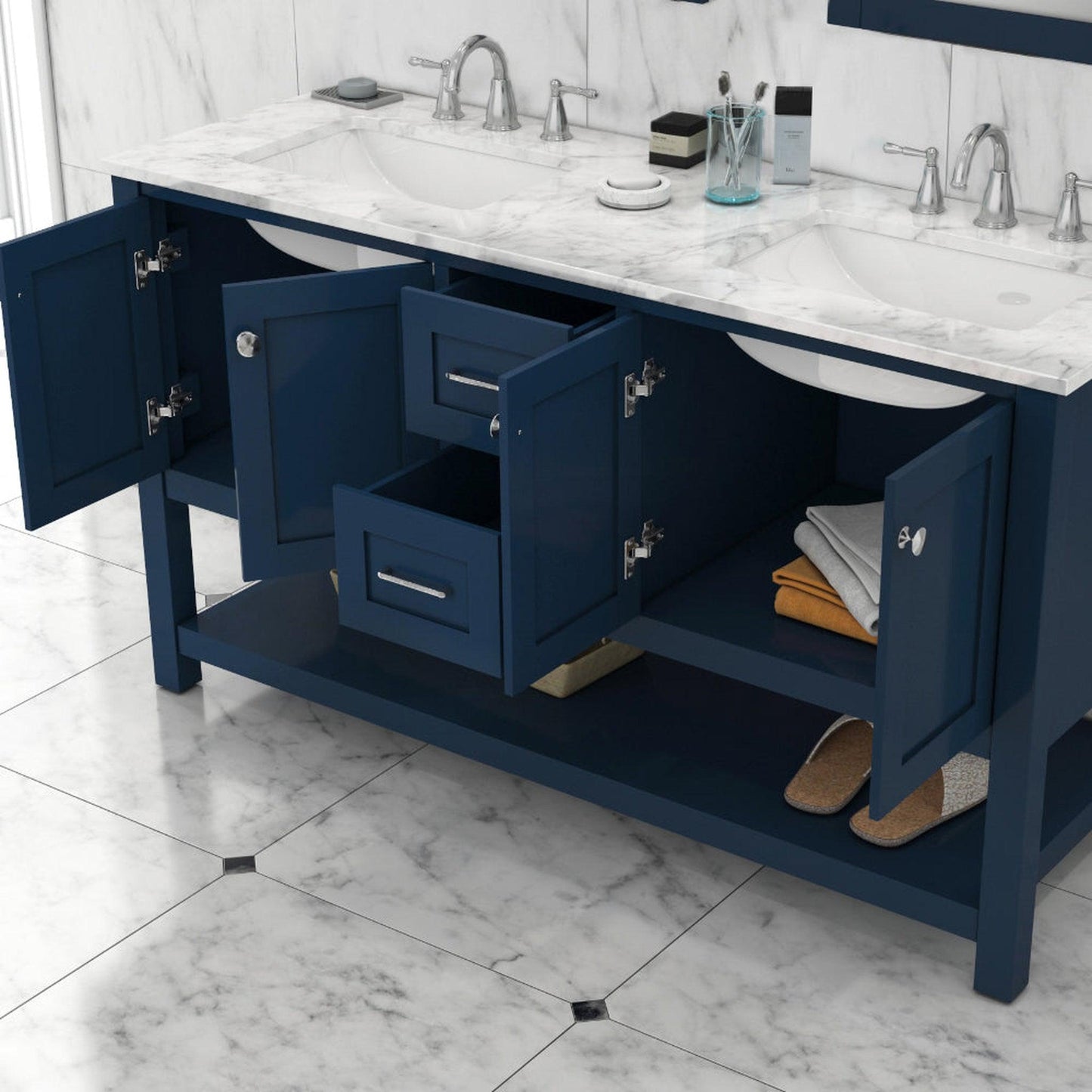 Alya Bath Wilmington 60" Double Blue Freestanding  Bathroom Vanity With Carrara Marble Top, Ceramic Sink and Wall Mounted Mirror - HE-102-60D-B-CWMT+2x HE-101/102-24-B-M - Backyard Provider