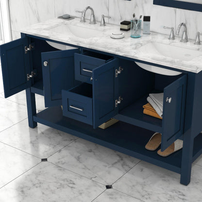 Alya Bath Wilmington 60" Double Blue Freestanding  Bathroom Vanity With Carrara Marble Top, Ceramic Sink and Wall Mounted Mirror - HE-102-60D-B-CWMT+2x HE-101/102-24-B-M - Backyard Provider