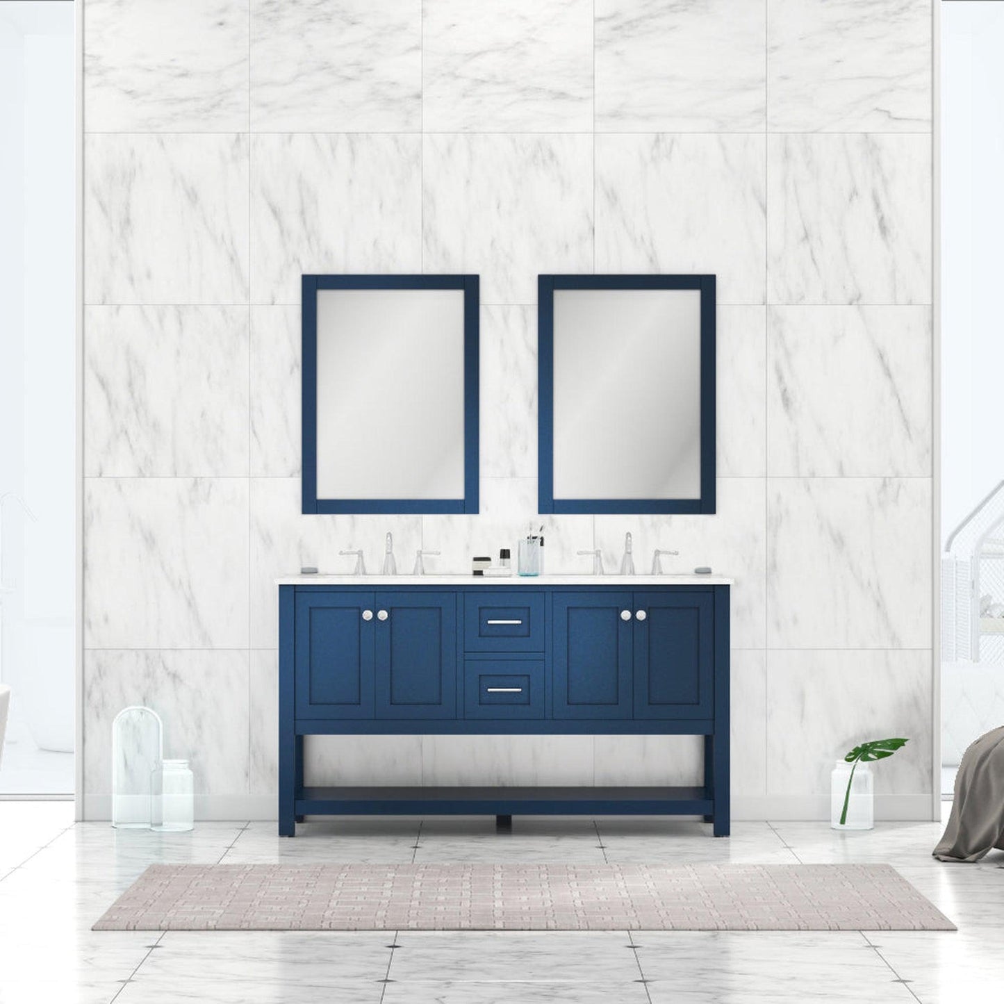 Alya Bath Wilmington 60" Double Blue Freestanding  Bathroom Vanity With Carrara Marble Top, Ceramic Sink and Wall Mounted Mirror - HE-102-60D-B-CWMT+2x HE-101/102-24-B-M - Backyard Provider