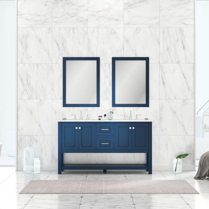 Alya Bath Wilmington 60" Double Blue Freestanding  Bathroom Vanity With Carrara Marble Top, Ceramic Sink and Wall Mounted Mirror - HE-102-60D-B-CWMT+2x HE-101/102-24-B-M - Backyard Provider