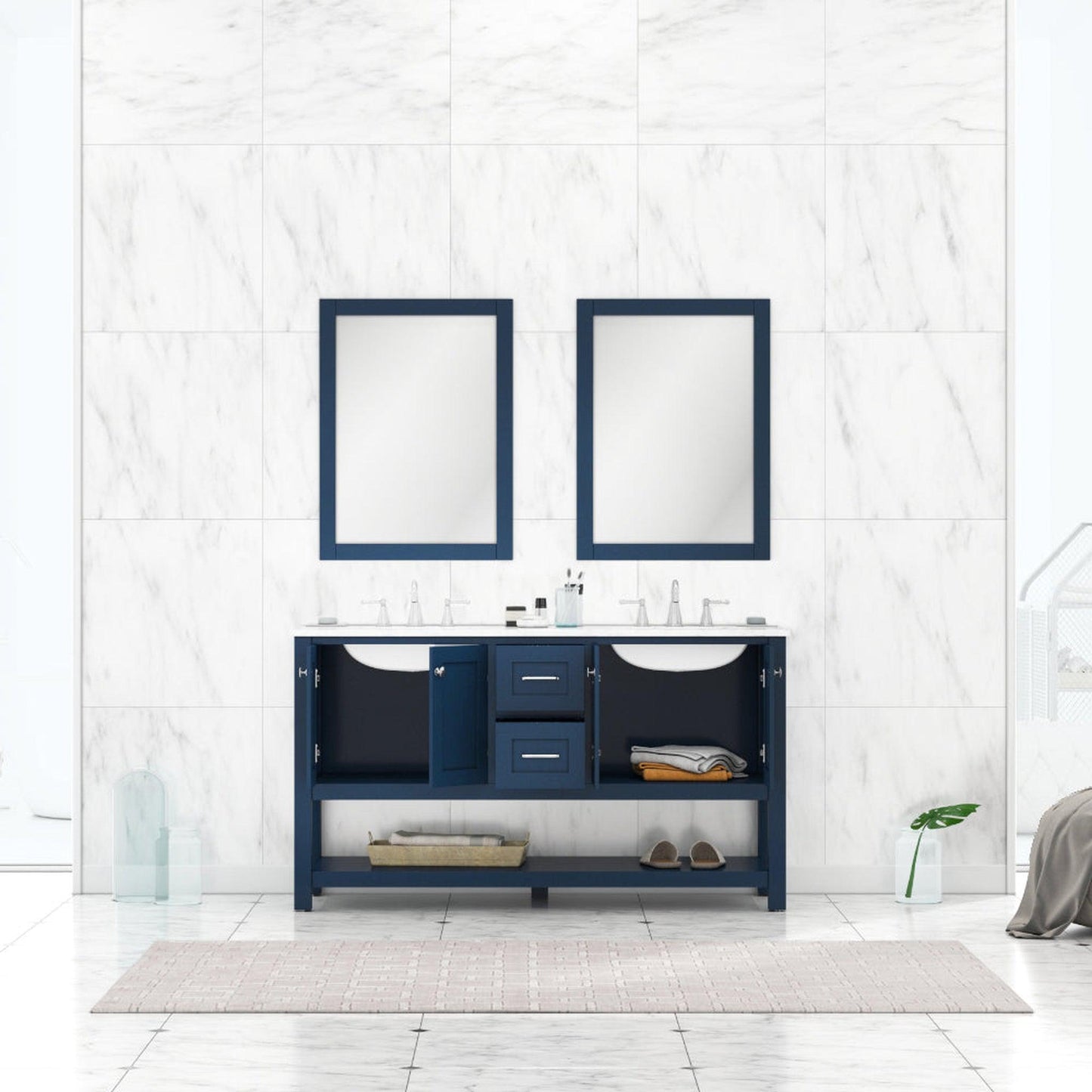 Alya Bath Wilmington 60" Double Blue Freestanding  Bathroom Vanity With Carrara Marble Top, Ceramic Sink and Wall Mounted Mirror - HE-102-60D-B-CWMT+2x HE-101/102-24-B-M - Backyard Provider