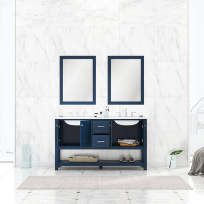 Alya Bath Wilmington 60" Double Blue Freestanding  Bathroom Vanity With Carrara Marble Top, Ceramic Sink and Wall Mounted Mirror - HE-102-60D-B-CWMT+2x HE-101/102-24-B-M - Backyard Provider