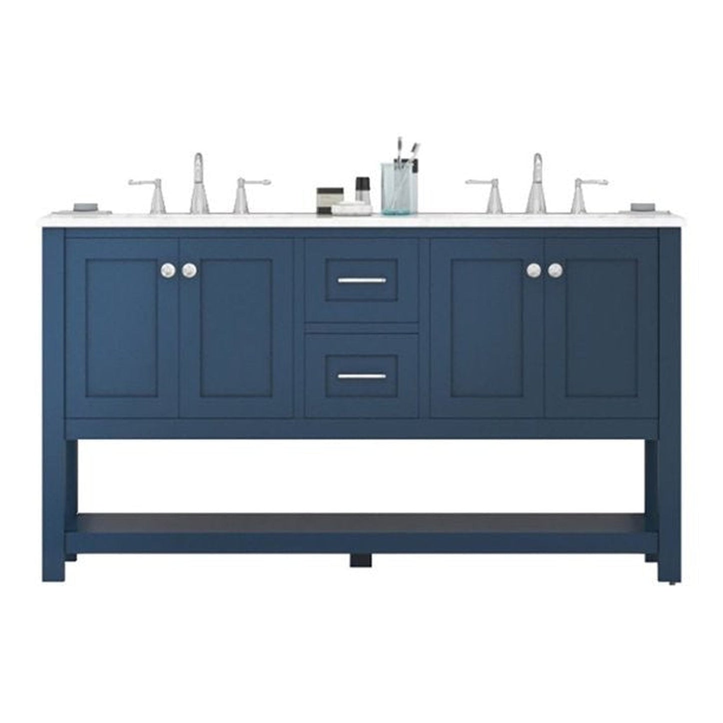 Alya Bath Wilmington 60" Double Blue Freestanding  Bathroom Vanity With Carrara Marble Top, Ceramic Sink and Wall Mounted Mirror - HE-102-60D-B-CWMT+2x HE-101/102-24-B-M - Backyard Provider