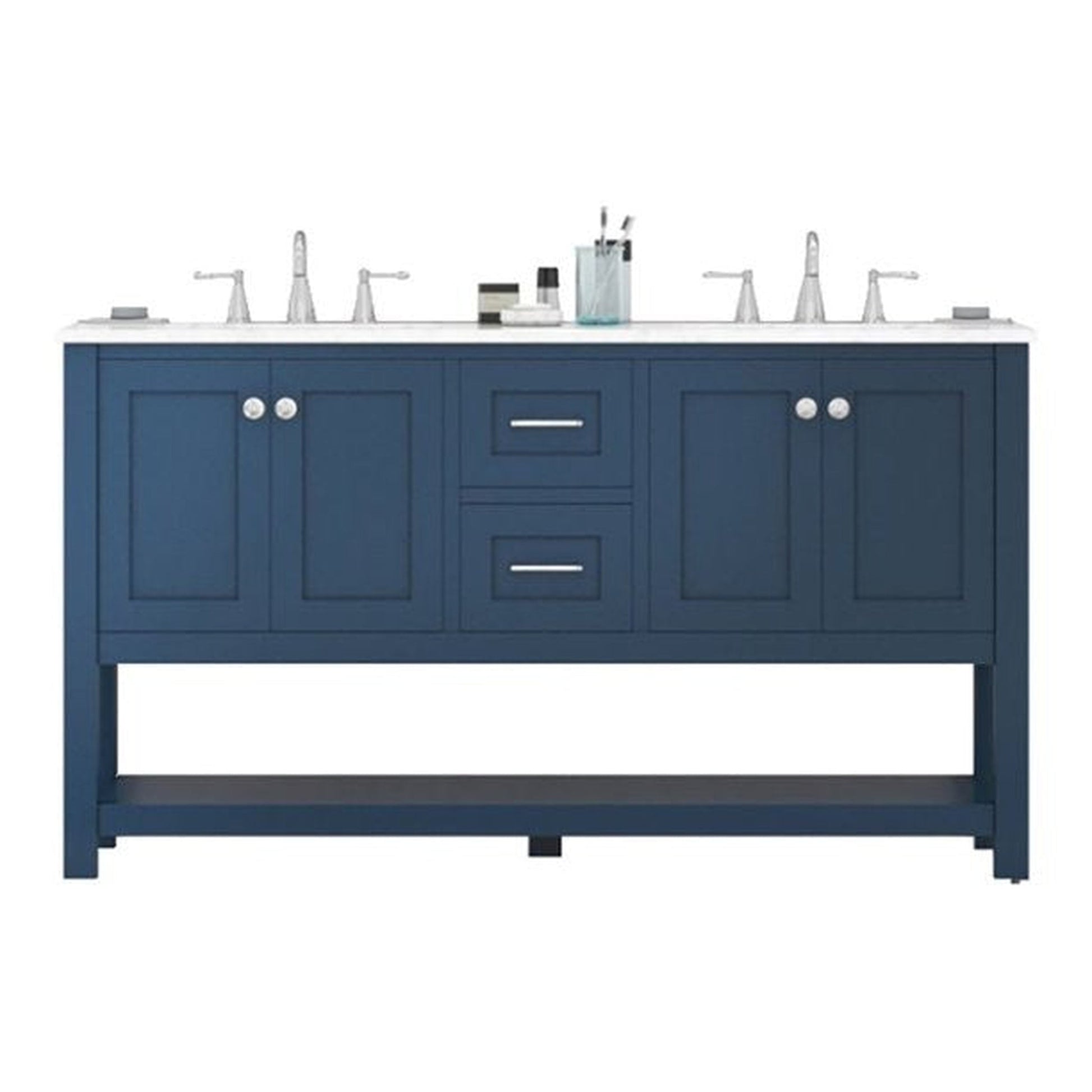 Alya Bath Wilmington 60" Double Blue Freestanding  Bathroom Vanity With Carrara Marble Top, Ceramic Sink and Wall Mounted Mirror - HE-102-60D-B-CWMT+2x HE-101/102-24-B-M - Backyard Provider