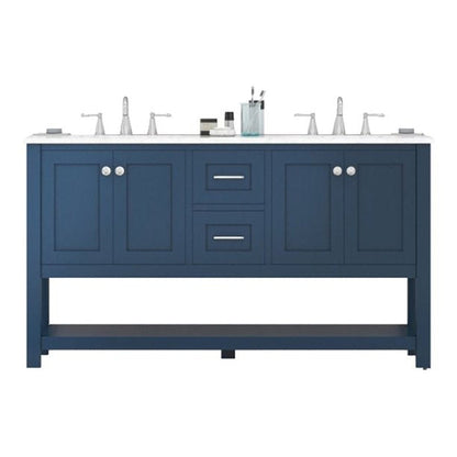 Alya Bath Wilmington 60" Double Blue Freestanding  Bathroom Vanity With Carrara Marble Top, Ceramic Sink and Wall Mounted Mirror - HE-102-60D-B-CWMT+2x HE-101/102-24-B-M - Backyard Provider