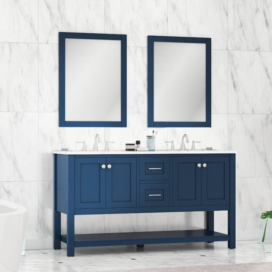 Alya Bath Wilmington 60" Double Blue Freestanding  Bathroom Vanity With Carrara Marble Top, Ceramic Sink and Wall Mounted Mirror - HE-102-60D-B-CWMT+2x HE-101/102-24-B-M - Backyard Provider