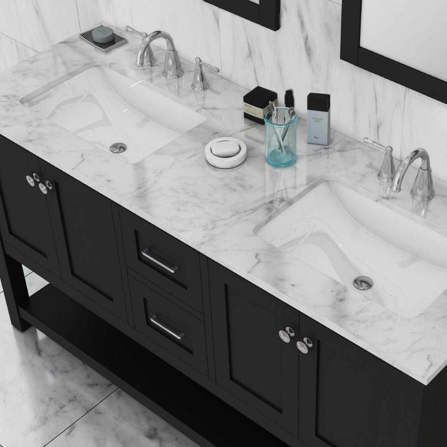 Alya Bath Wilmington 60" Double Espresso Freestanding  Bathroom Vanity With Carrara Marble Top, Ceramic Sink and Wall Mounted Mirror - HE-102-60D-E-CWMT+2x HE-101/102-24-E-M - Backyard Provider