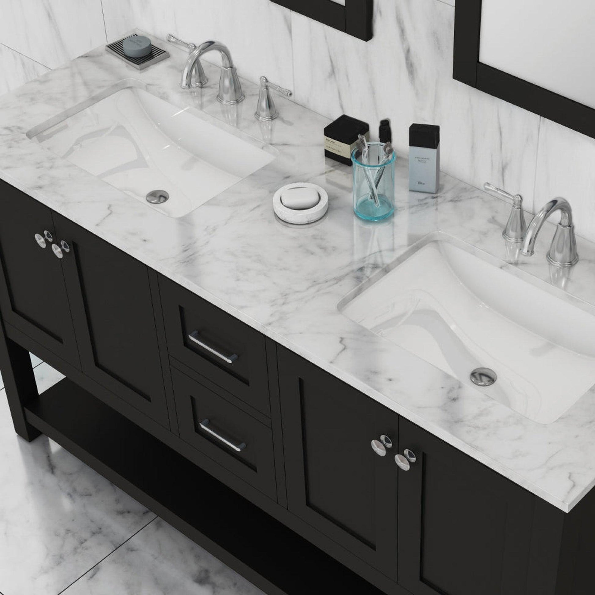 Alya Bath Wilmington 60" Double Espresso Freestanding  Bathroom Vanity With Carrara Marble Top, Ceramic Sink and Wall Mounted Mirror - HE-102-60D-E-CWMT+2x HE-101/102-24-E-M - Backyard Provider