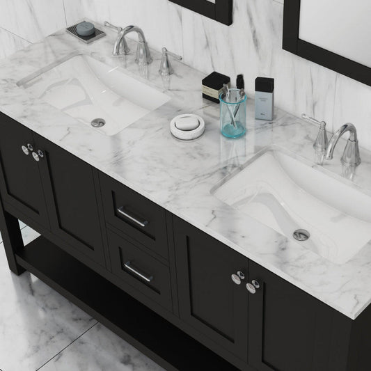 Alya Bath Wilmington 60" Double Espresso Freestanding  Bathroom Vanity With Carrara Marble Top, Ceramic Sink and Wall Mounted Mirror - HE-102-60D-E-CWMT+2x HE-101/102-24-E-M - Backyard Provider