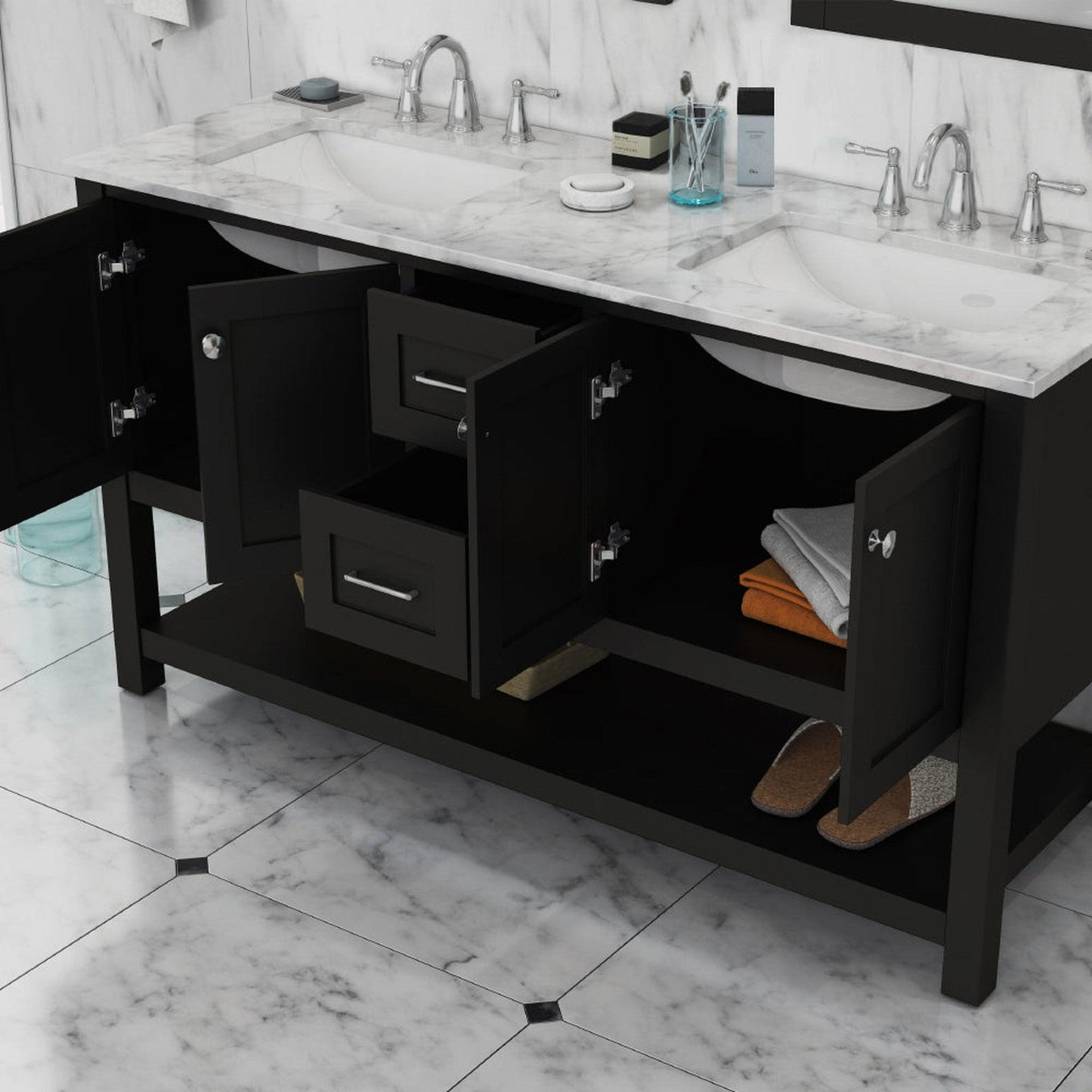 Alya Bath Wilmington 60" Double Espresso Freestanding  Bathroom Vanity With Carrara Marble Top, Ceramic Sink and Wall Mounted Mirror - HE-102-60D-E-CWMT+2x HE-101/102-24-E-M - Backyard Provider