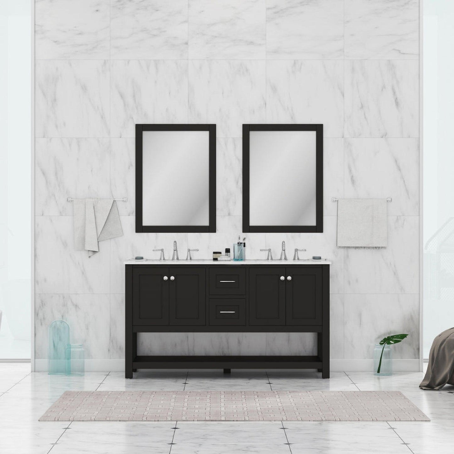 Alya Bath Wilmington 60" Double Espresso Freestanding  Bathroom Vanity With Carrara Marble Top, Ceramic Sink and Wall Mounted Mirror - HE-102-60D-E-CWMT+2x HE-101/102-24-E-M - Backyard Provider