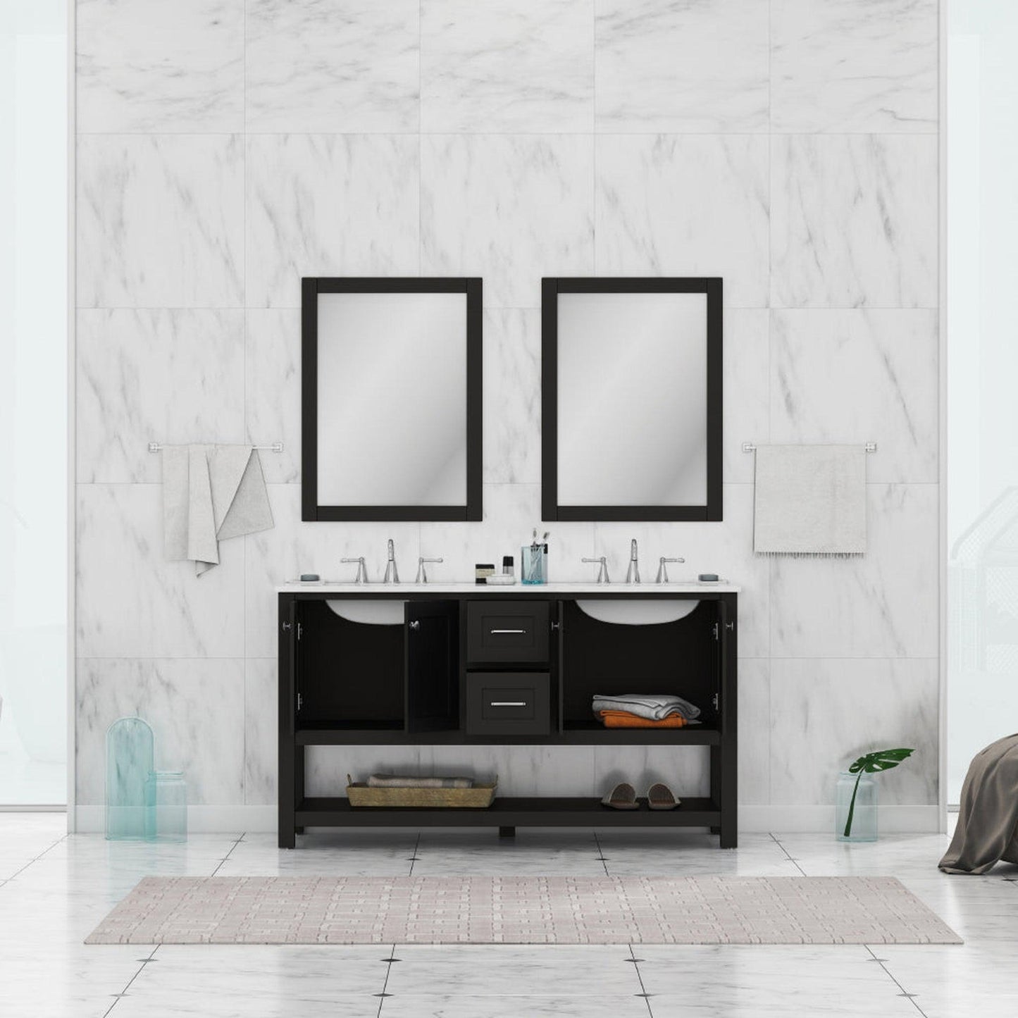 Alya Bath Wilmington 60" Double Espresso Freestanding  Bathroom Vanity With Carrara Marble Top, Ceramic Sink and Wall Mounted Mirror - HE-102-60D-E-CWMT+2x HE-101/102-24-E-M - Backyard Provider