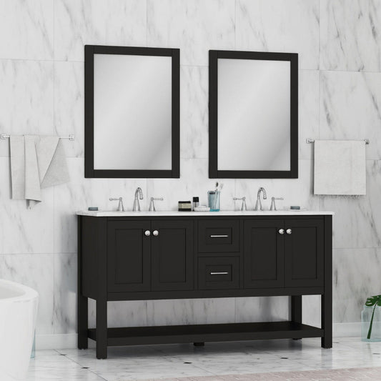 Alya Bath Wilmington 60" Double Espresso Freestanding  Bathroom Vanity With Carrara Marble Top, Ceramic Sink and Wall Mounted Mirror - HE-102-60D-E-CWMT+2x HE-101/102-24-E-M - Backyard Provider
