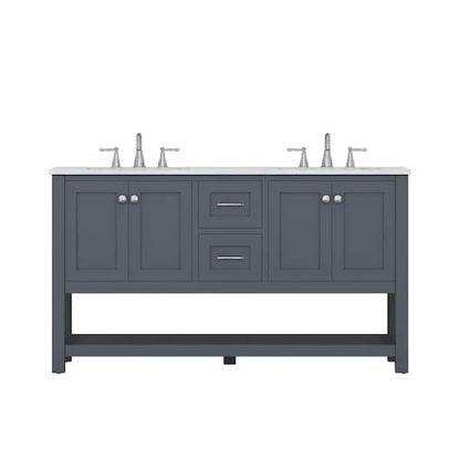 Alya Bath Wilmington 60" Double Gray Freestanding Bathroom Vanity With Carrara Marble Top, Ceramic Sink and Wall Mounted Mirror - HE-102-60D-G-CWMT+2x HE-101/102-24-G-M - Backyard Provider