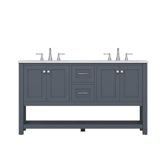 Alya Bath Wilmington 60" Double Gray Freestanding Bathroom Vanity With Carrara Marble Top, Ceramic Sink and Wall Mounted Mirror - HE-102-60D-G-CWMT+2x HE-101/102-24-G-M - Backyard Provider