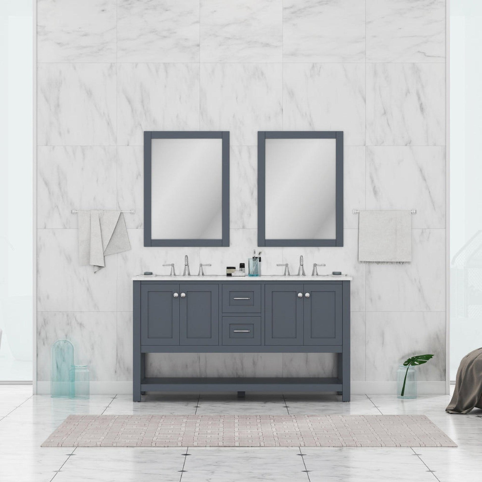 Alya Bath Wilmington 60" Double Gray Freestanding Bathroom Vanity With Carrara Marble Top, Ceramic Sink and Wall Mounted Mirror - HE-102-60D-G-CWMT+2x HE-101/102-24-G-M - Backyard Provider