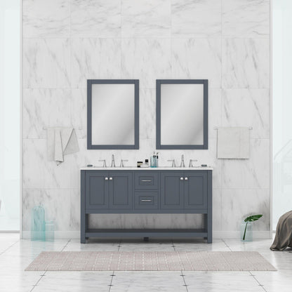 Alya Bath Wilmington 60" Double Gray Freestanding Bathroom Vanity With Carrara Marble Top, Ceramic Sink and Wall Mounted Mirror - HE-102-60D-G-CWMT+2x HE-101/102-24-G-M - Backyard Provider