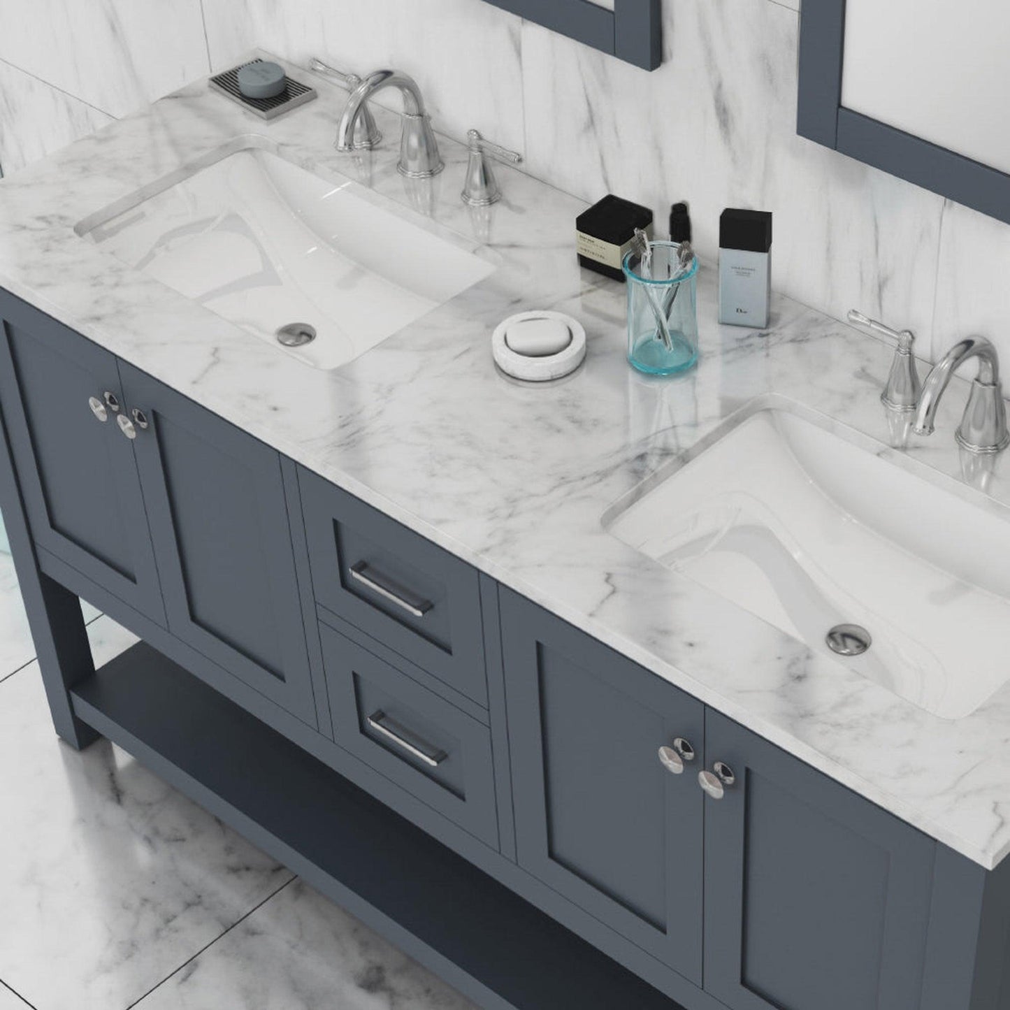 Alya Bath Wilmington 60" Double Gray Freestanding Bathroom Vanity With Carrara Marble Top, Ceramic Sink and Wall Mounted Mirror - HE-102-60D-G-CWMT+2x HE-101/102-24-G-M - Backyard Provider