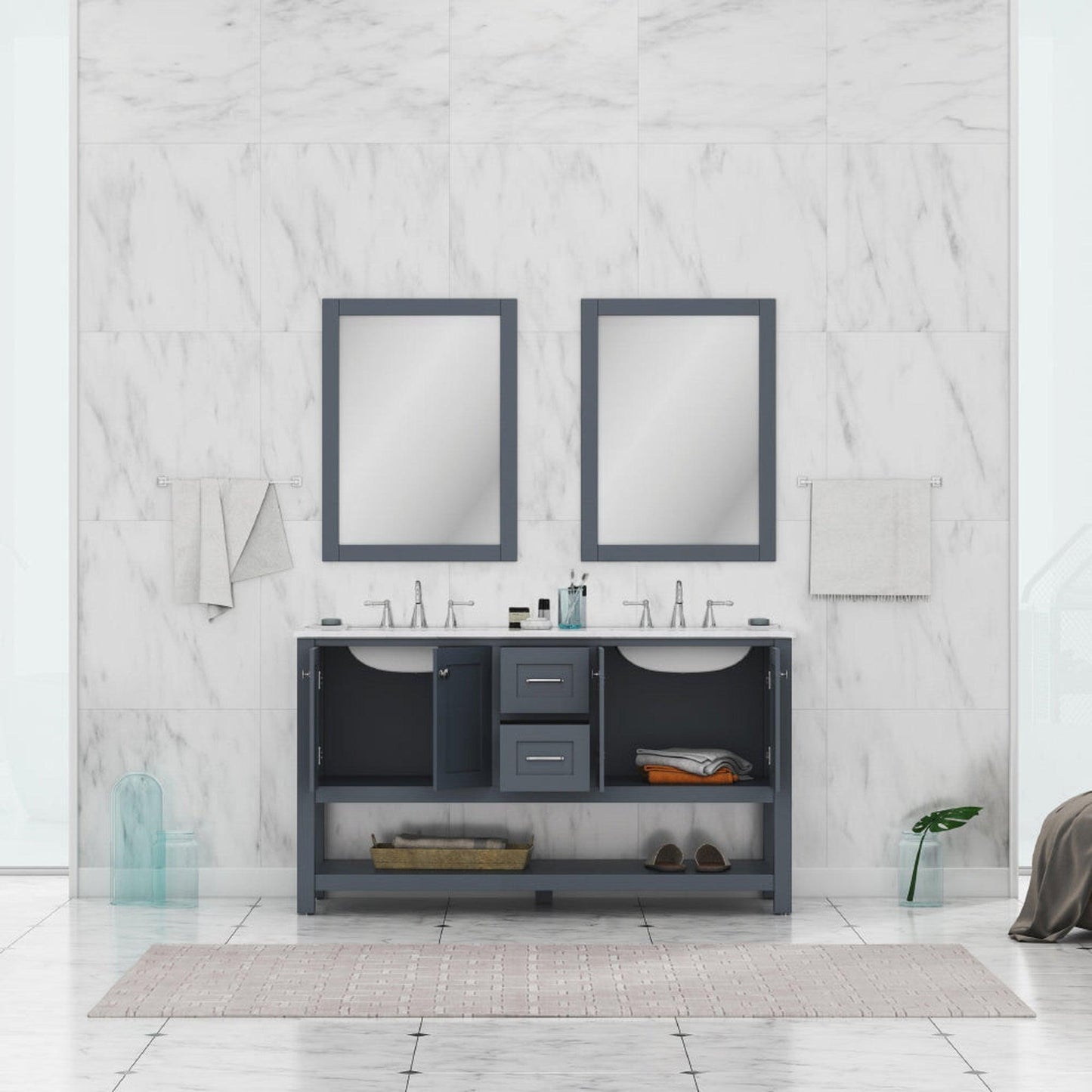 Alya Bath Wilmington 60" Double Gray Freestanding Bathroom Vanity With Carrara Marble Top, Ceramic Sink and Wall Mounted Mirror - HE-102-60D-G-CWMT+2x HE-101/102-24-G-M - Backyard Provider