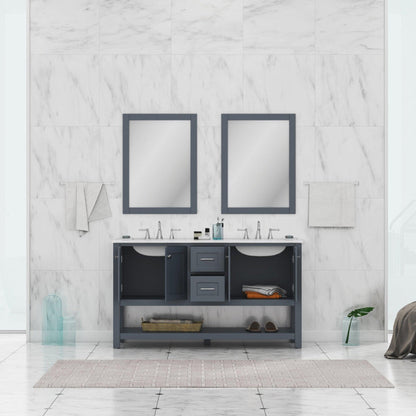 Alya Bath Wilmington 60" Double Gray Freestanding Bathroom Vanity With Carrara Marble Top, Ceramic Sink and Wall Mounted Mirror - HE-102-60D-G-CWMT+2x HE-101/102-24-G-M - Backyard Provider