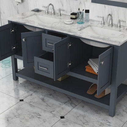 Alya Bath Wilmington 60" Double Gray Freestanding Bathroom Vanity With Carrara Marble Top, Ceramic Sink and Wall Mounted Mirror - HE-102-60D-G-CWMT+2x HE-101/102-24-G-M - Backyard Provider