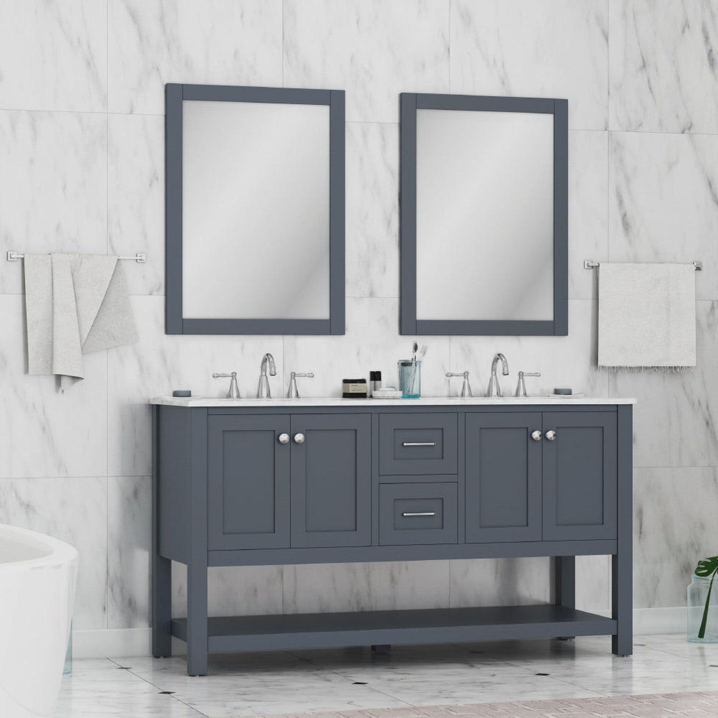Alya Bath Wilmington 60" Double Gray Freestanding Bathroom Vanity With Carrara Marble Top, Ceramic Sink and Wall Mounted Mirror - HE-102-60D-G-CWMT+2x HE-101/102-24-G-M - Backyard Provider