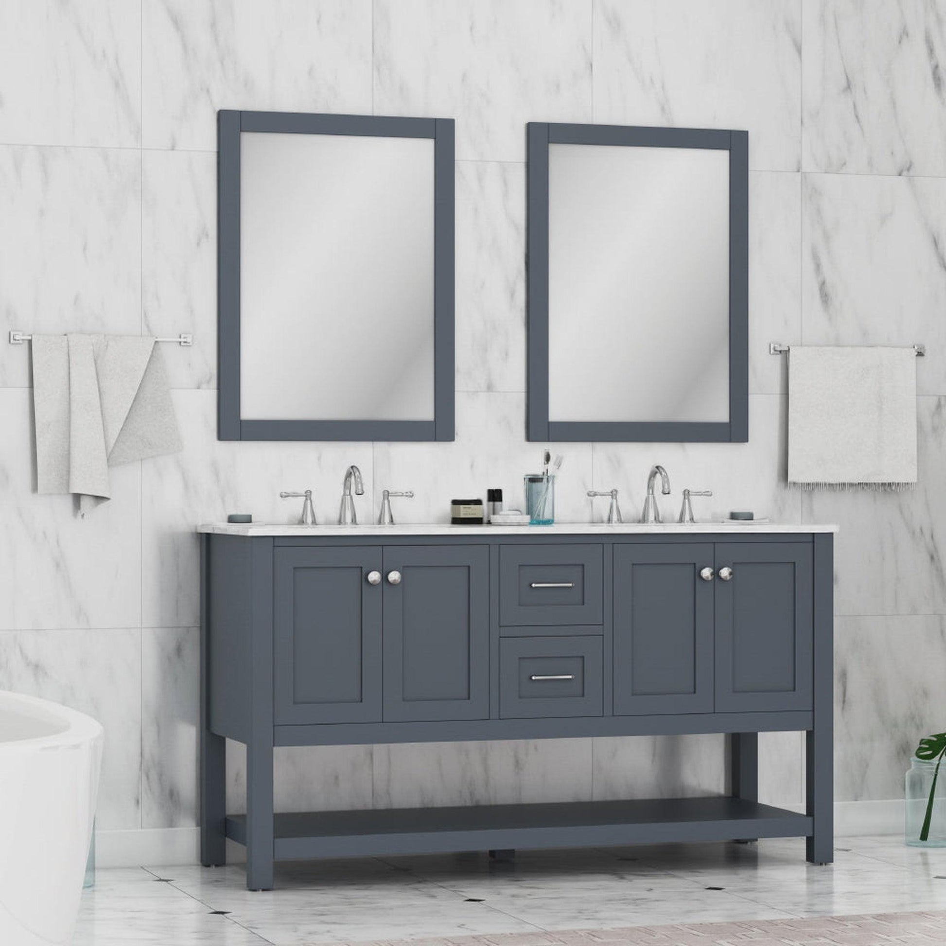 Alya Bath Wilmington 60" Double Gray Freestanding Bathroom Vanity With Carrara Marble Top, Ceramic Sink and Wall Mounted Mirror - HE-102-60D-G-CWMT+2x HE-101/102-24-G-M - Backyard Provider