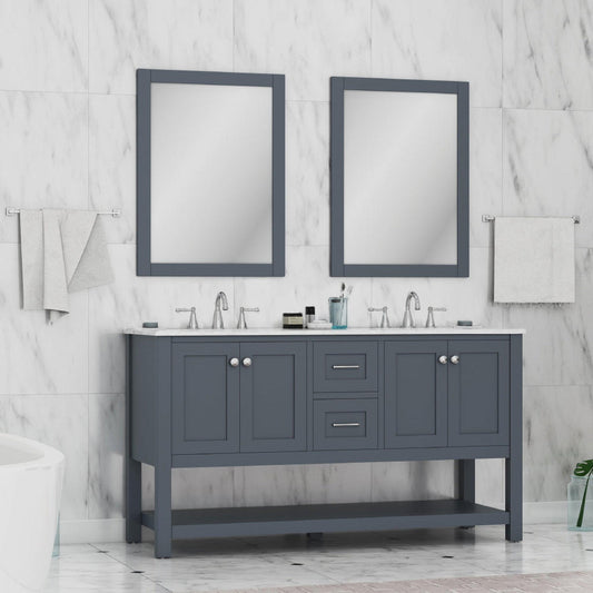 Alya Bath Wilmington 60" Double Gray Freestanding Bathroom Vanity With Carrara Marble Top, Ceramic Sink and Wall Mounted Mirror - HE-102-60D-G-CWMT+2x HE-101/102-24-G-M - Backyard Provider