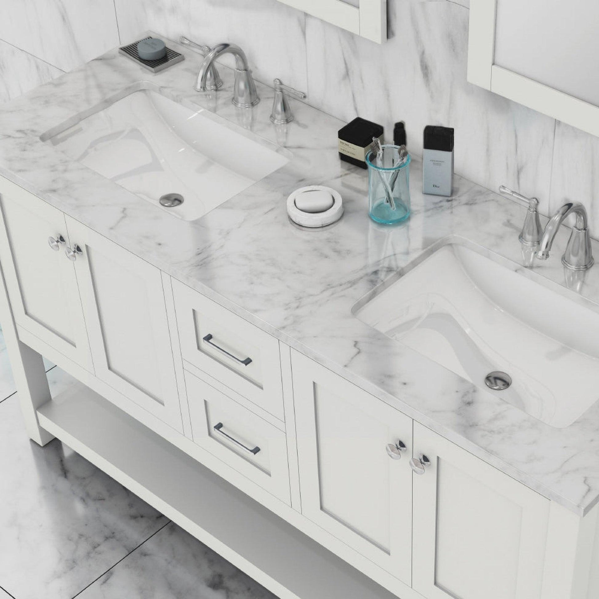 Alya Bath Wilmington 60" Double White Freestanding  Bathroom Vanity With Carrara Marble Top, Ceramic Sink and Wall Mounted Mirror - HE-102-60D-W-CWMT+ 2x HE-101/102-24-W-M - Backyard Provider