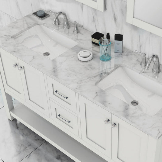 Alya Bath Wilmington 60" Double White Freestanding  Bathroom Vanity With Carrara Marble Top, Ceramic Sink and Wall Mounted Mirror - HE-102-60D-W-CWMT+ 2x HE-101/102-24-W-M - Backyard Provider
