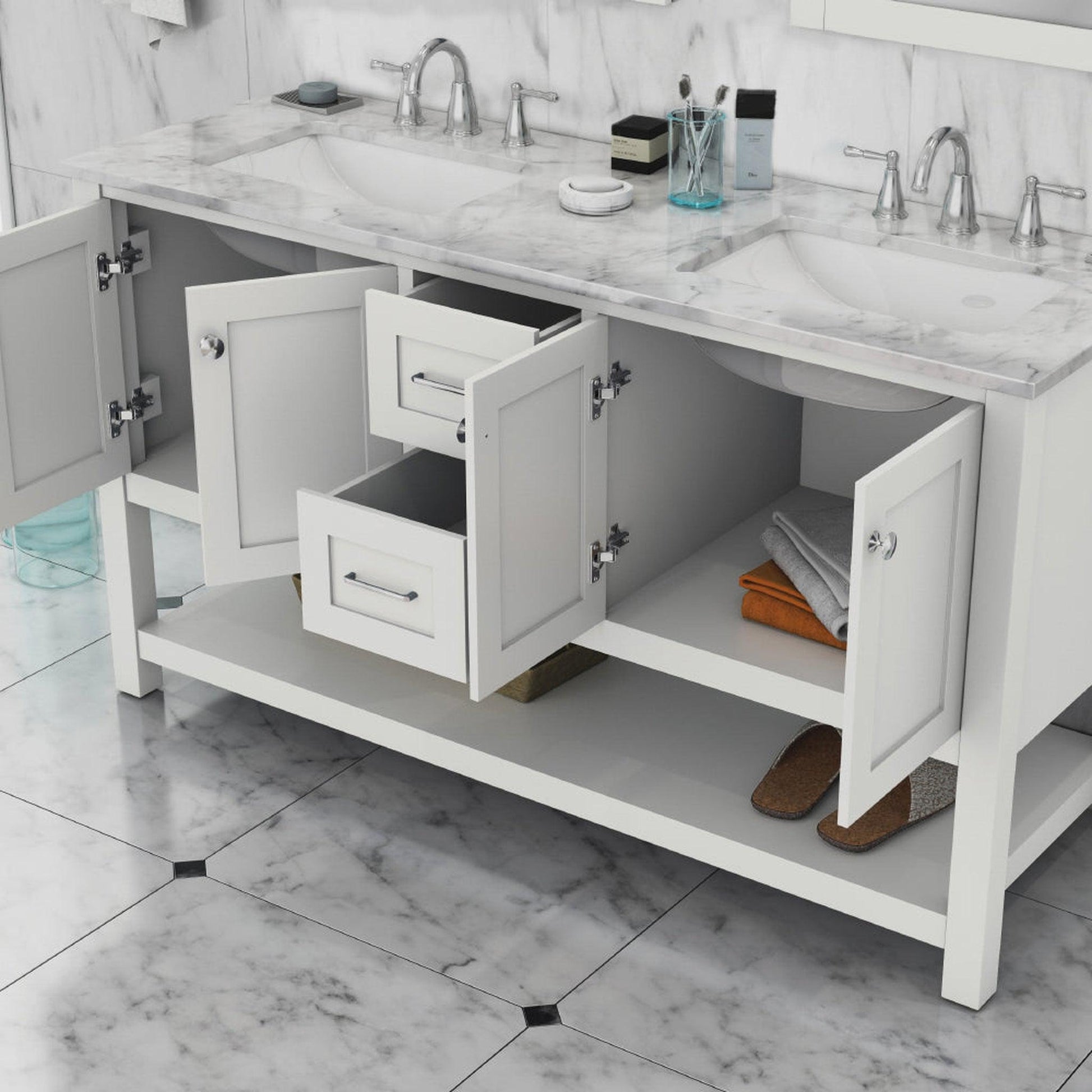 Alya Bath Wilmington 60" Double White Freestanding  Bathroom Vanity With Carrara Marble Top, Ceramic Sink and Wall Mounted Mirror - HE-102-60D-W-CWMT+ 2x HE-101/102-24-W-M - Backyard Provider