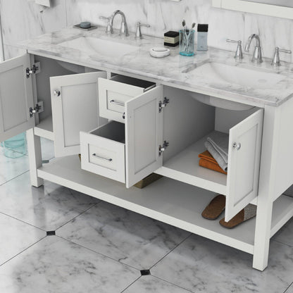 Alya Bath Wilmington 60" Double White Freestanding  Bathroom Vanity With Carrara Marble Top, Ceramic Sink and Wall Mounted Mirror - HE-102-60D-W-CWMT+ 2x HE-101/102-24-W-M - Backyard Provider