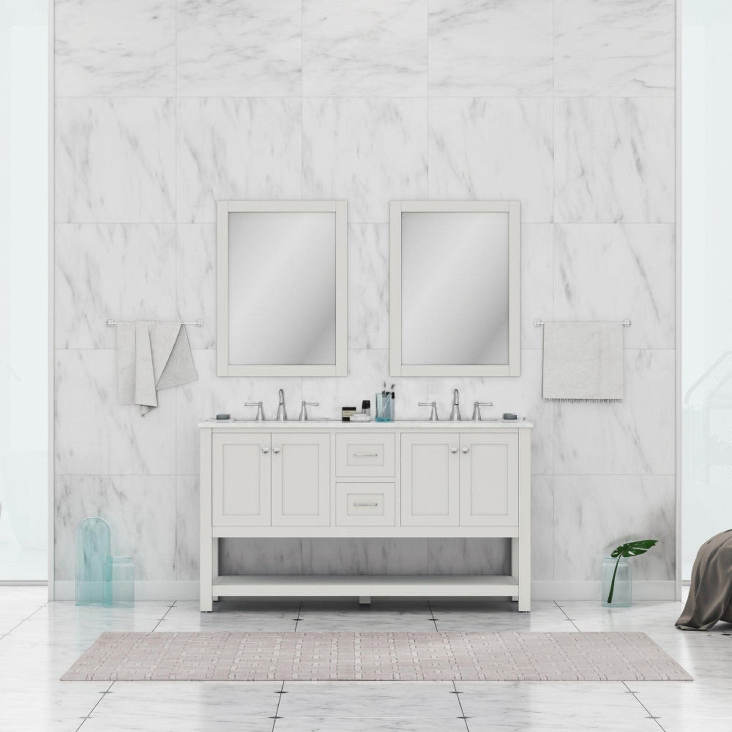Alya Bath Wilmington 60" Double White Freestanding  Bathroom Vanity With Carrara Marble Top, Ceramic Sink and Wall Mounted Mirror - HE-102-60D-W-CWMT+ 2x HE-101/102-24-W-M - Backyard Provider
