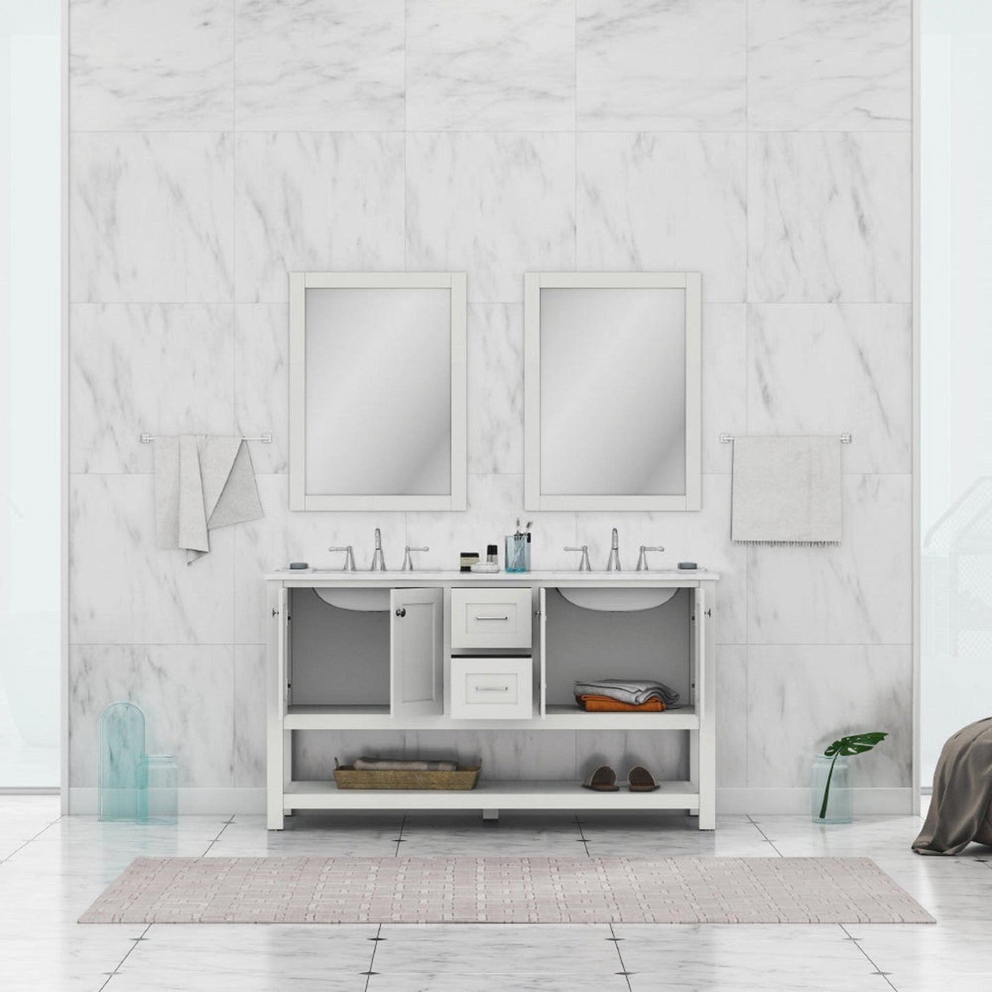 Alya Bath Wilmington 60" Double White Freestanding  Bathroom Vanity With Carrara Marble Top, Ceramic Sink and Wall Mounted Mirror - HE-102-60D-W-CWMT+ 2x HE-101/102-24-W-M - Backyard Provider