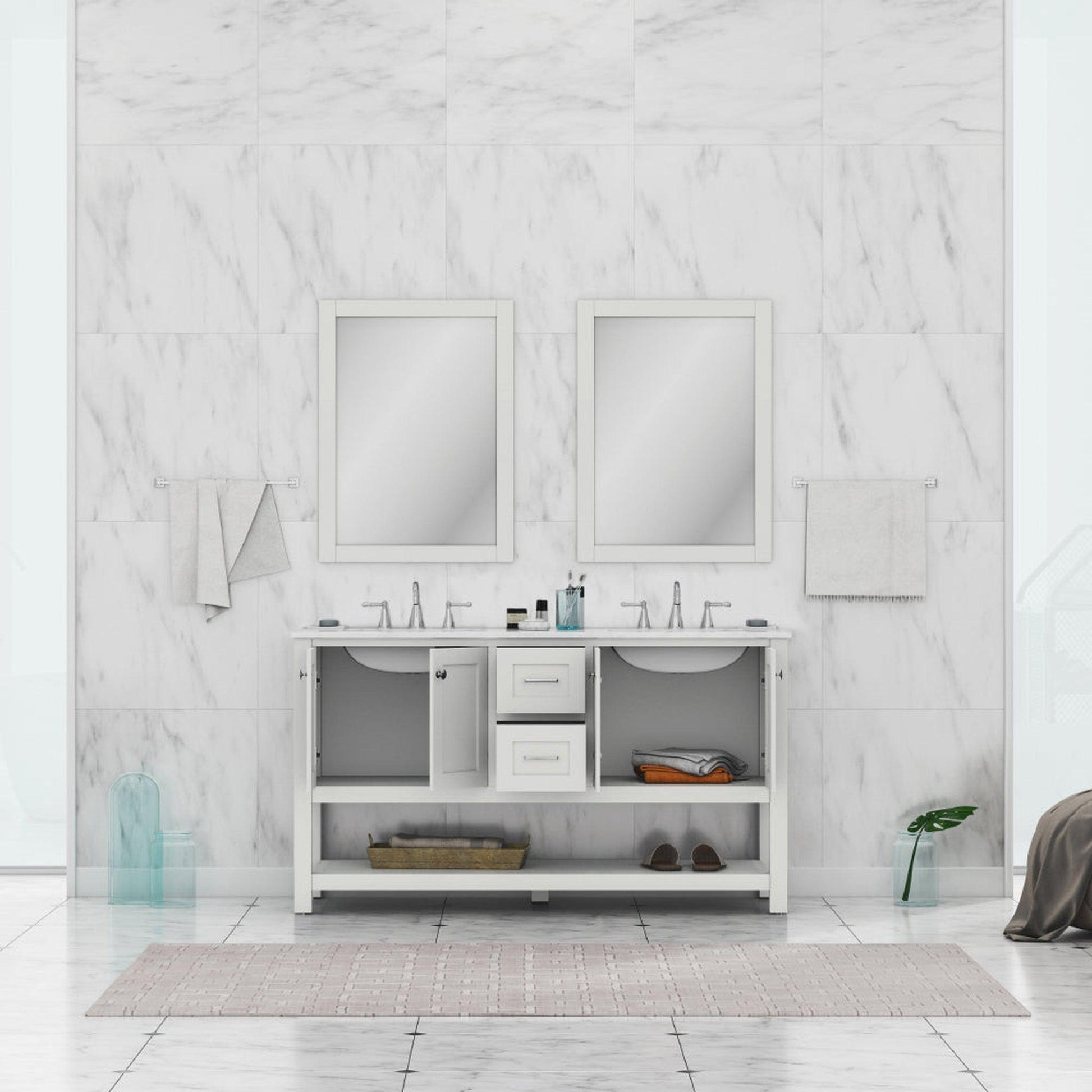 Alya Bath Wilmington 60" Double White Freestanding  Bathroom Vanity With Carrara Marble Top, Ceramic Sink and Wall Mounted Mirror - HE-102-60D-W-CWMT+ 2x HE-101/102-24-W-M - Backyard Provider